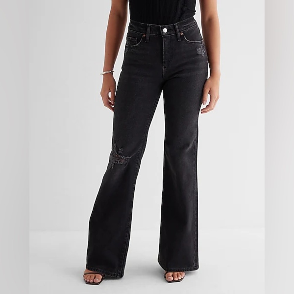 Express Mid Rise Washed Black Ripped '70s Flare denim Jeans women’s size 2/S